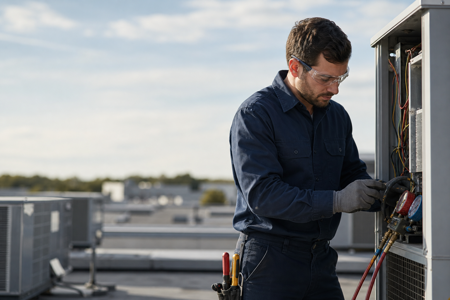 HVAC technician looking down while working on rooftop equipment