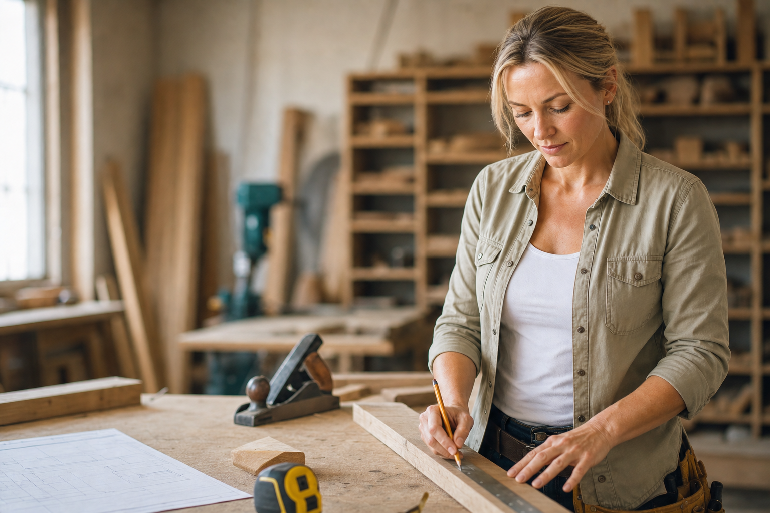 Female carpenter marking lumber from plans in a workshop
